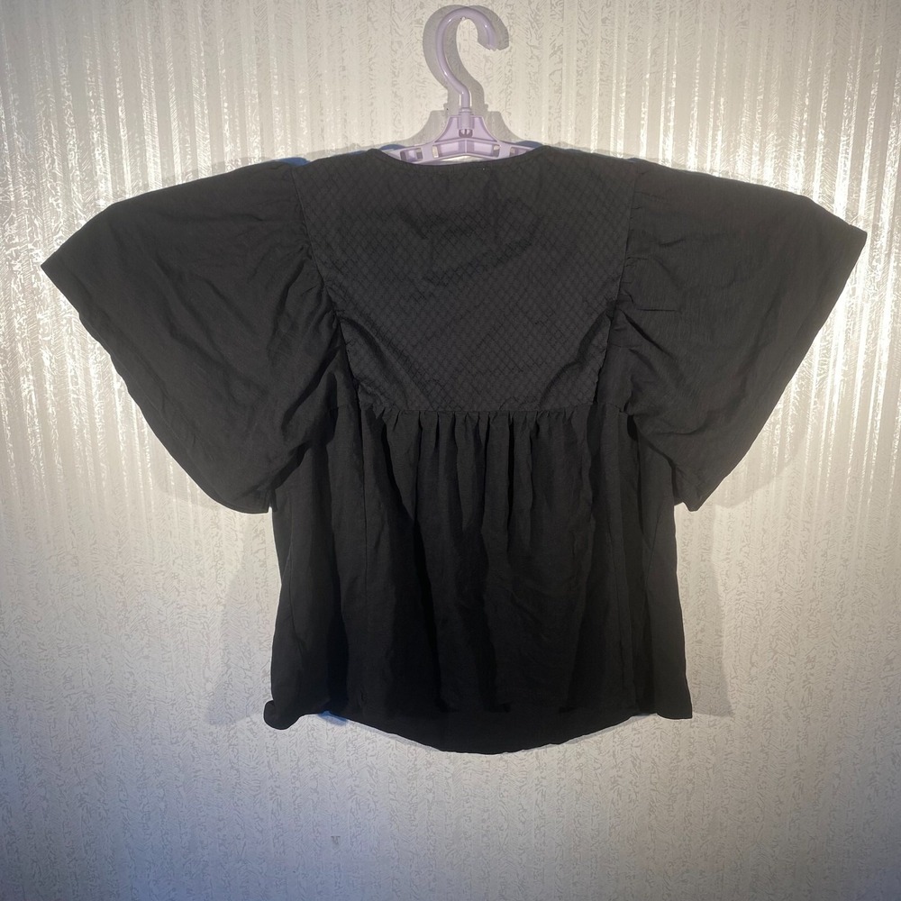 Knox Rose Womens Black Classic Flutter Sleeve Embroidered Tie Blouse Top Size M - Picture 2 of 10